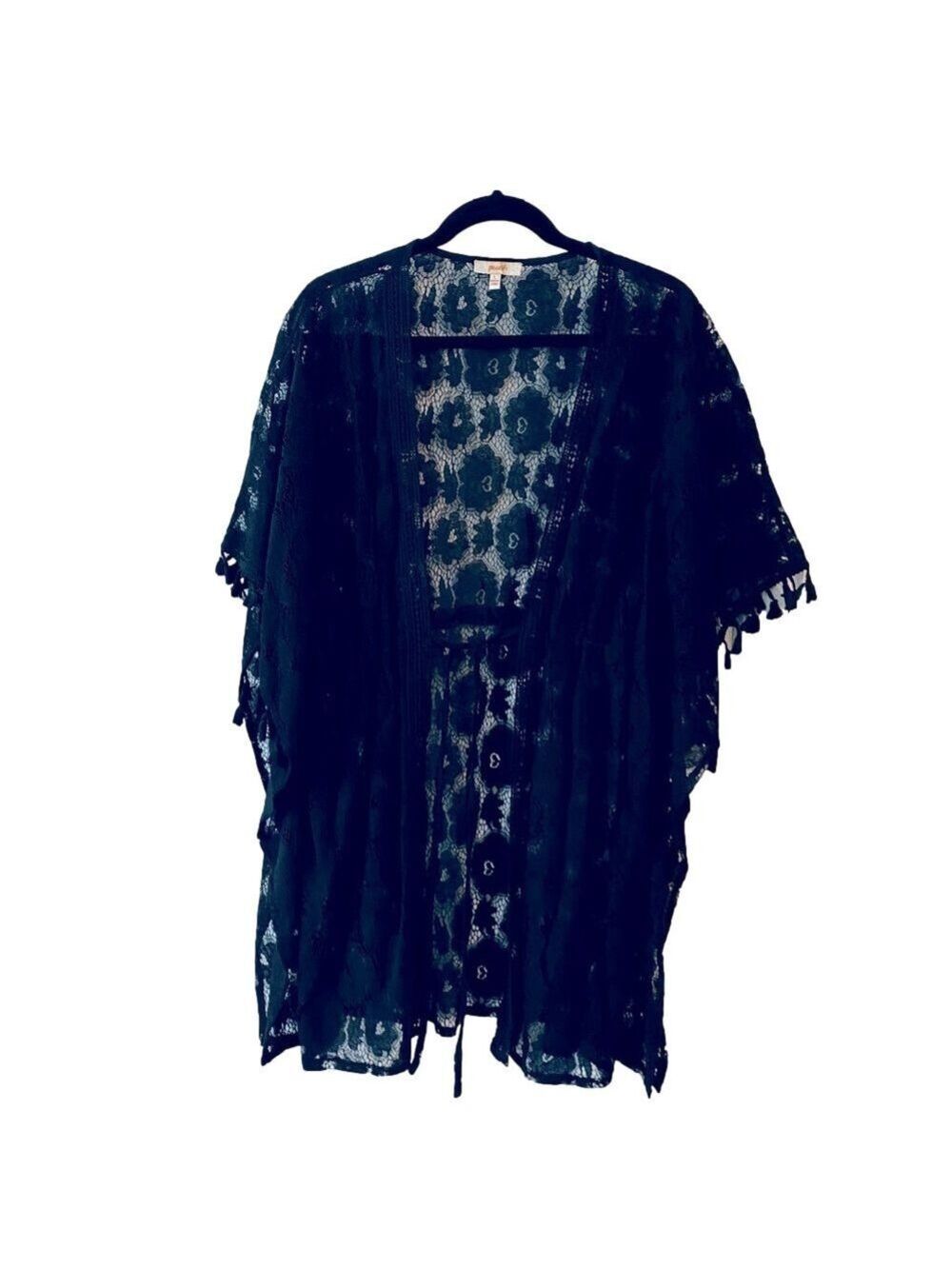 Peach Black Lace Cardigan Swimsuit Kimono Cover Up Large Waist Tie Romantic